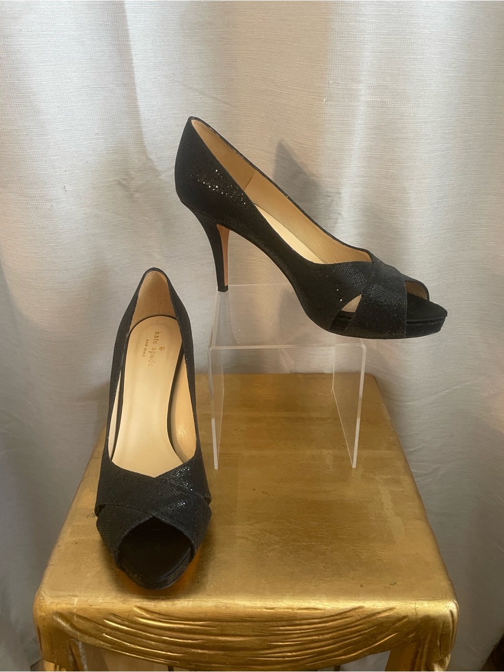 Kate Spade Pumps Womens 10B Black Starlight Metallic Billy Peep Toe